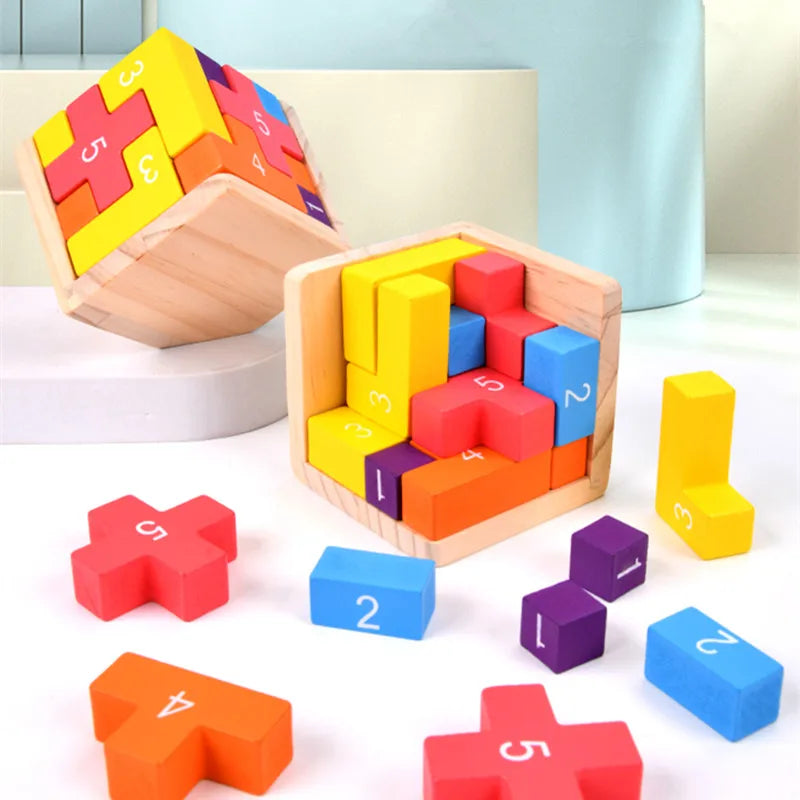 Colorful Wooden Blocks Puzzles,Classic Luban Lock Cube 3D Puzzle Toys.