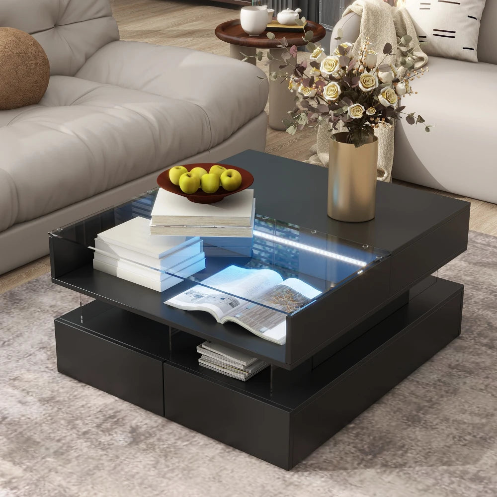 Lift-Top Coffee Table with 2 Drawers, Modern Square Coffee Table