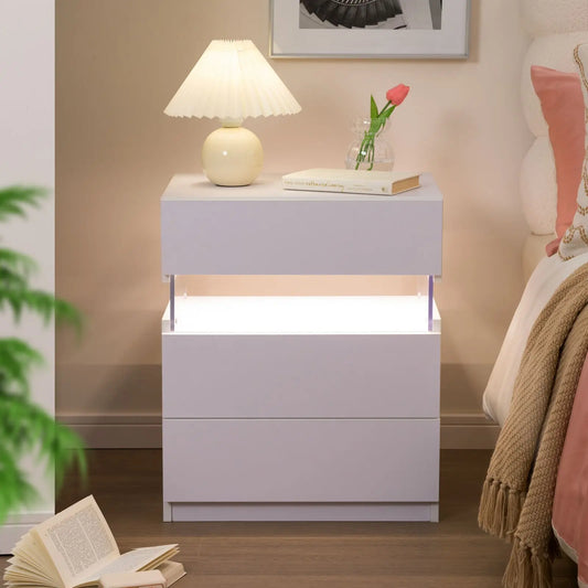 LED Nightstand 3 Drawers Nightstand with LED Lights Nightstand for Bedroom