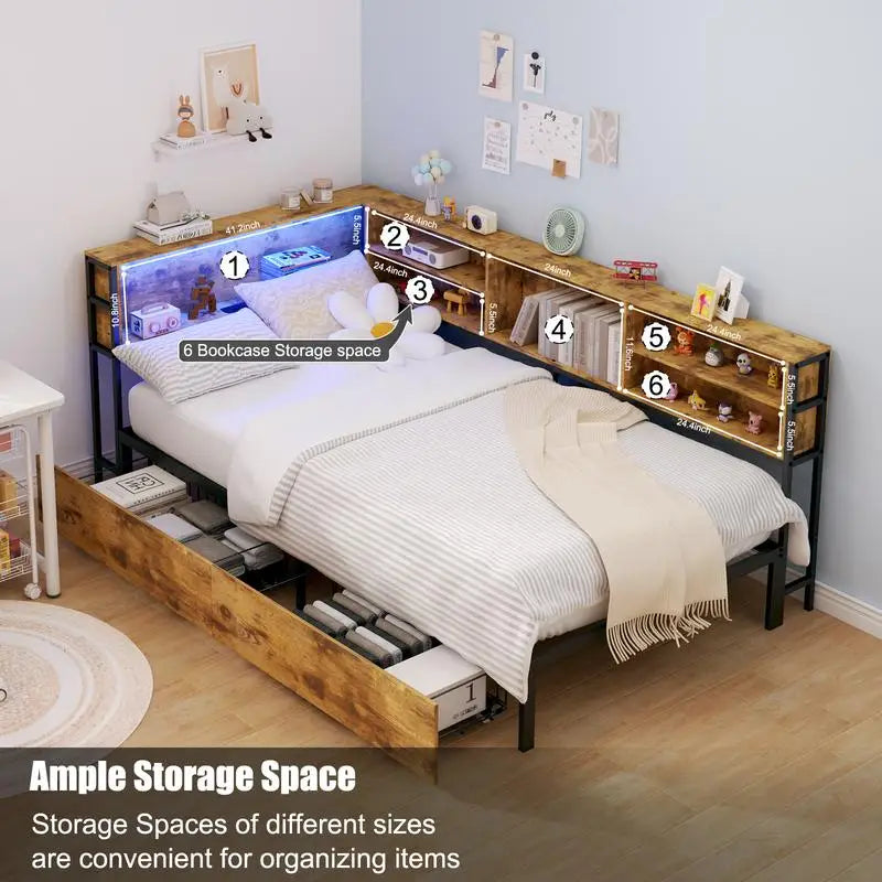 Twin Daybed Frame with Storage, Bookcase, Underbed Drawers,