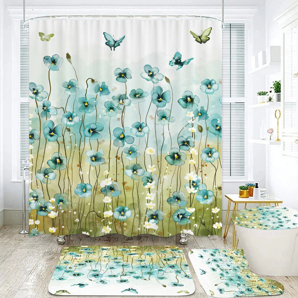 180*180cm Blue Rose Flowers Fabric Shower