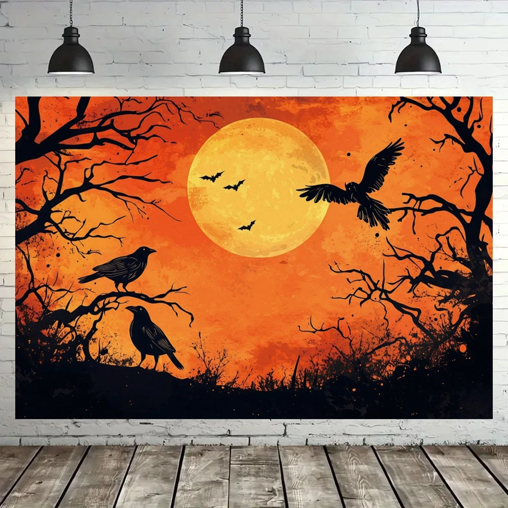 Halloween Decorations Moonlit Forest Pumpkins Crows