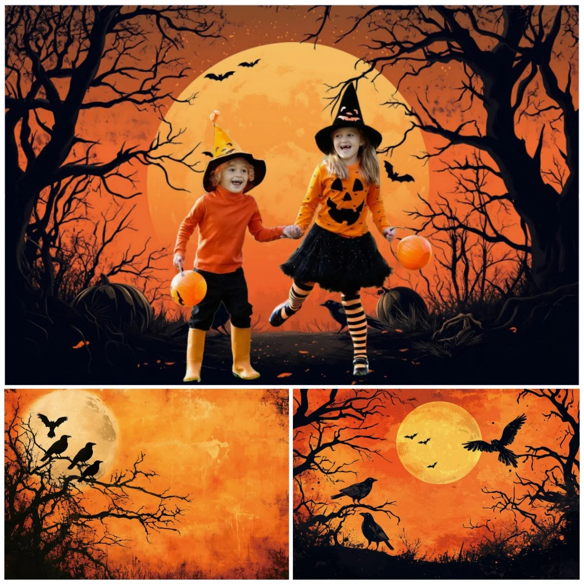 Halloween Decorations Moonlit Forest Pumpkins Crows