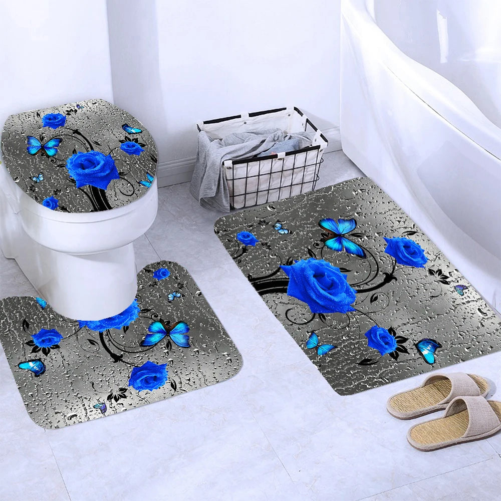 180*180cm Blue Rose Flowers Fabric Shower