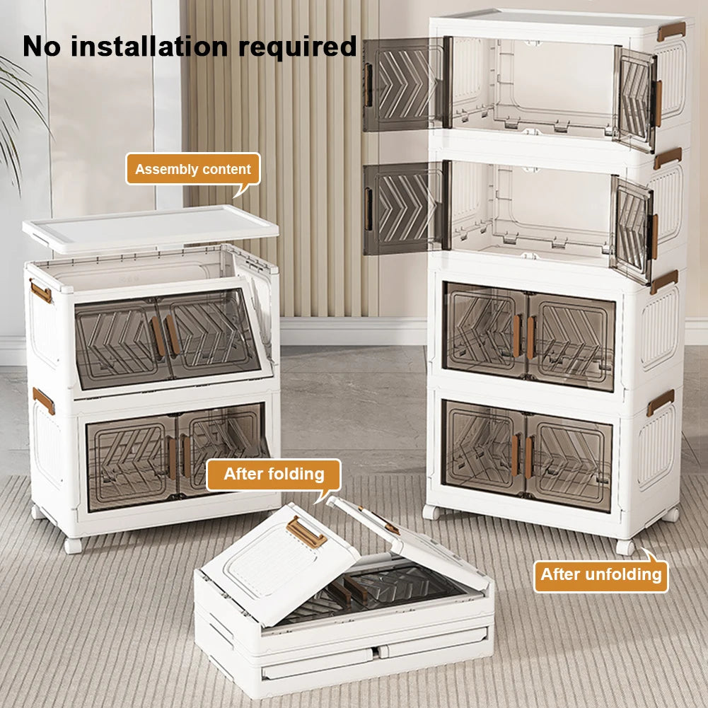 4 Tier Plastic Storage Containers with Doors & Wheels Foldable Organization