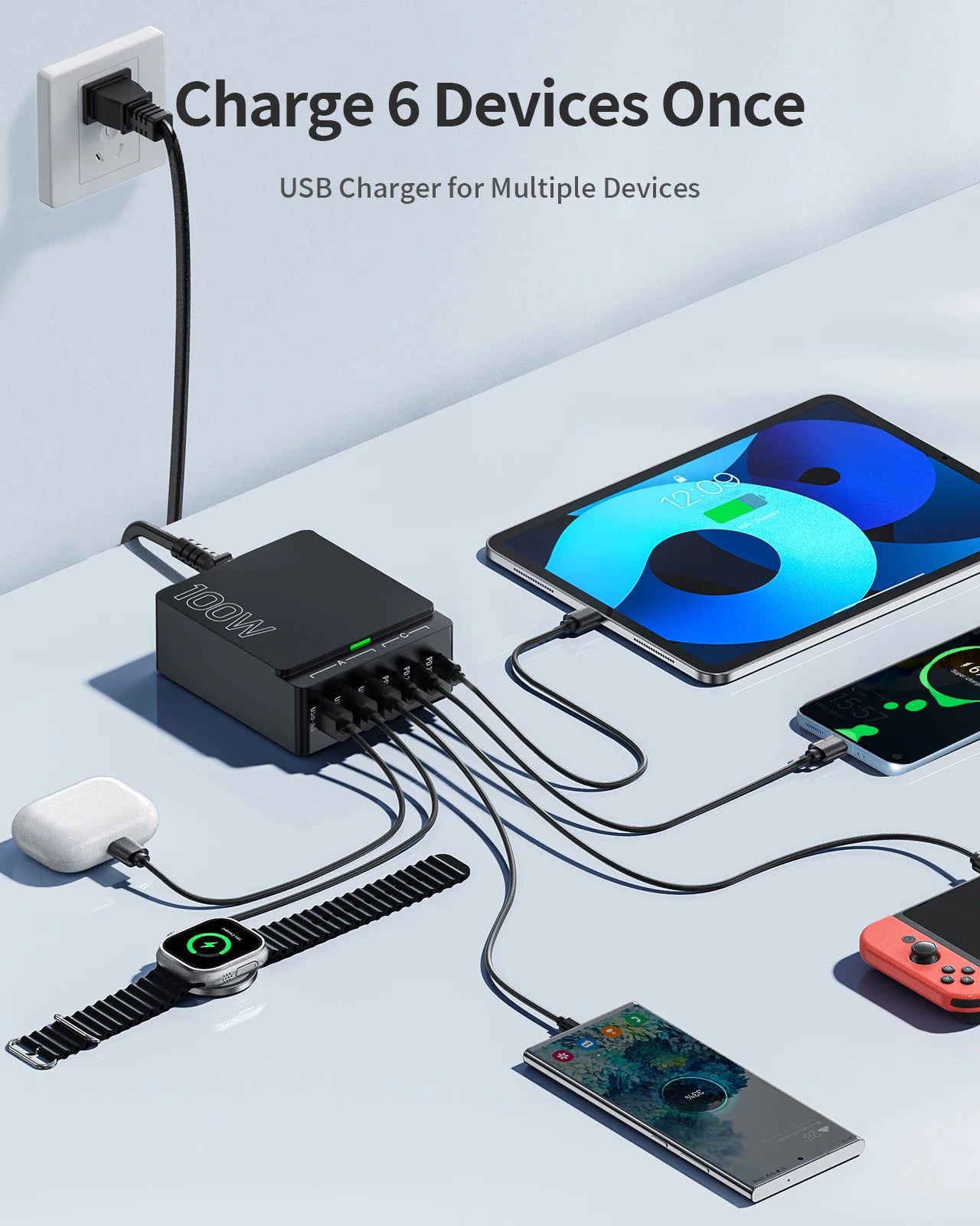 100W 6-Port GaN Quick Charge Hub - PD 3.0 Type C and USB