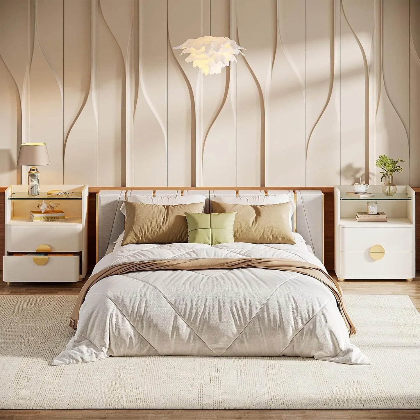Nightstand with 2 Drawers, Modern Nightstand with Open Storage Shelf,