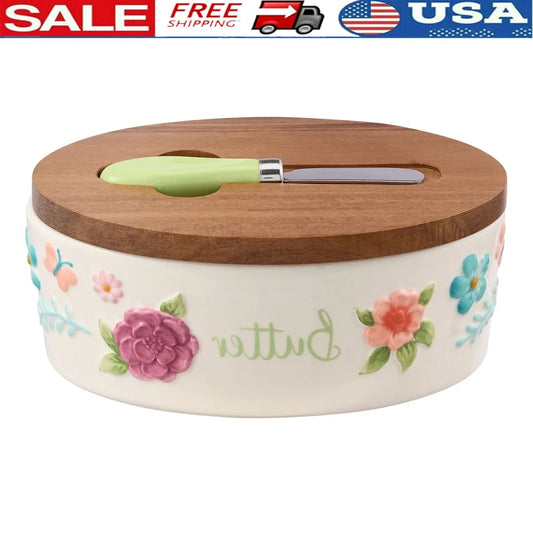 Painted Meadow Butter Dish Set Acacia Wood Lid Metal