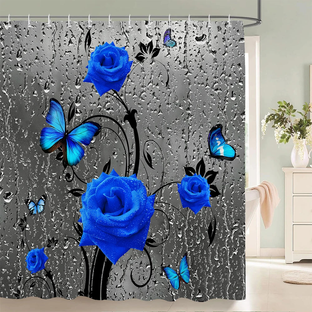180*180cm Blue Rose Flowers Fabric Shower