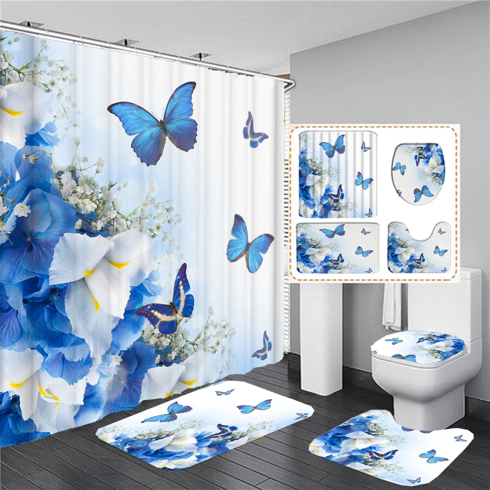 180*180cm Blue Rose Flowers Fabric Shower