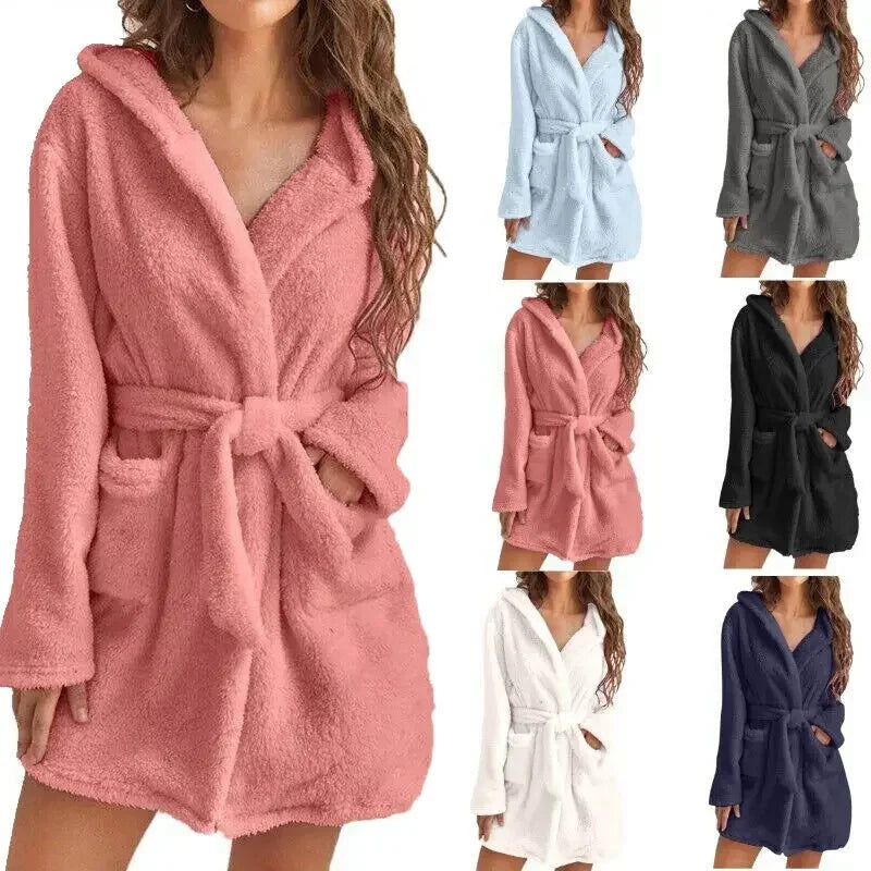 Women Bath Robe Winter Fluffy Plush Pyjamas