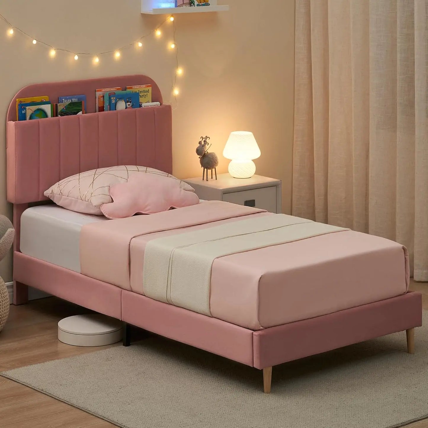 Twin Size Bed Frame, Velvet Upholstered Platform Bed Frame with Storage Headboard.