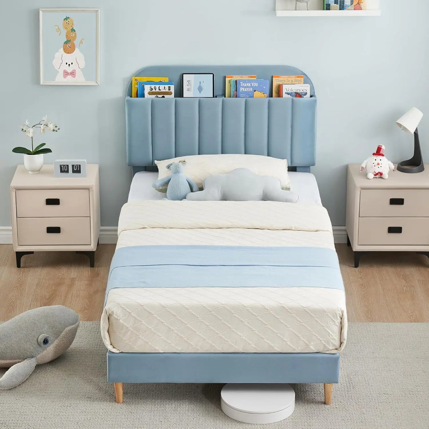 Twin Size Bed Frame, Velvet Upholstered Platform Bed Frame with Storage Headboard.