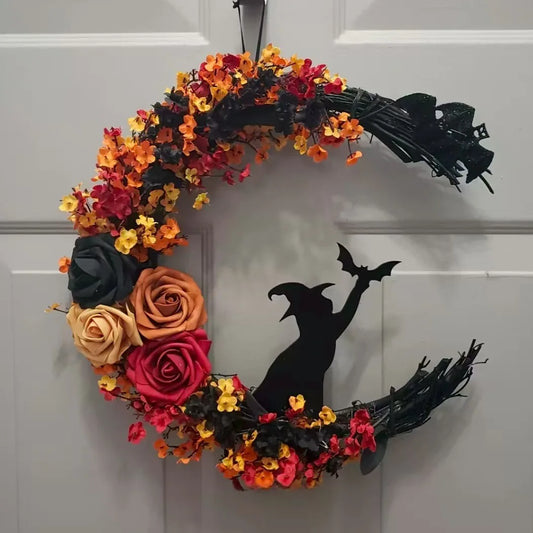 Halloween Witch Cat Rose Wreath Hanging Gothic Crescent Moon