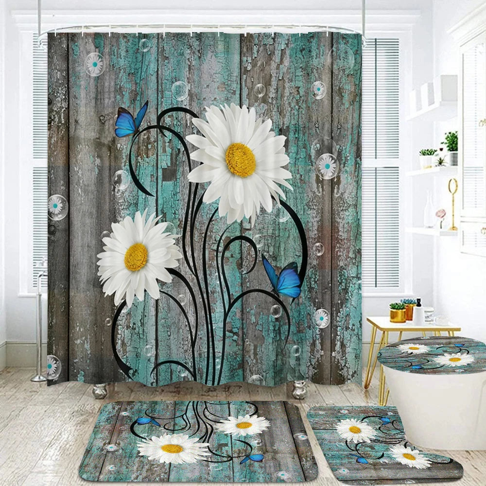 180*180cm Blue Rose Flowers Fabric Shower