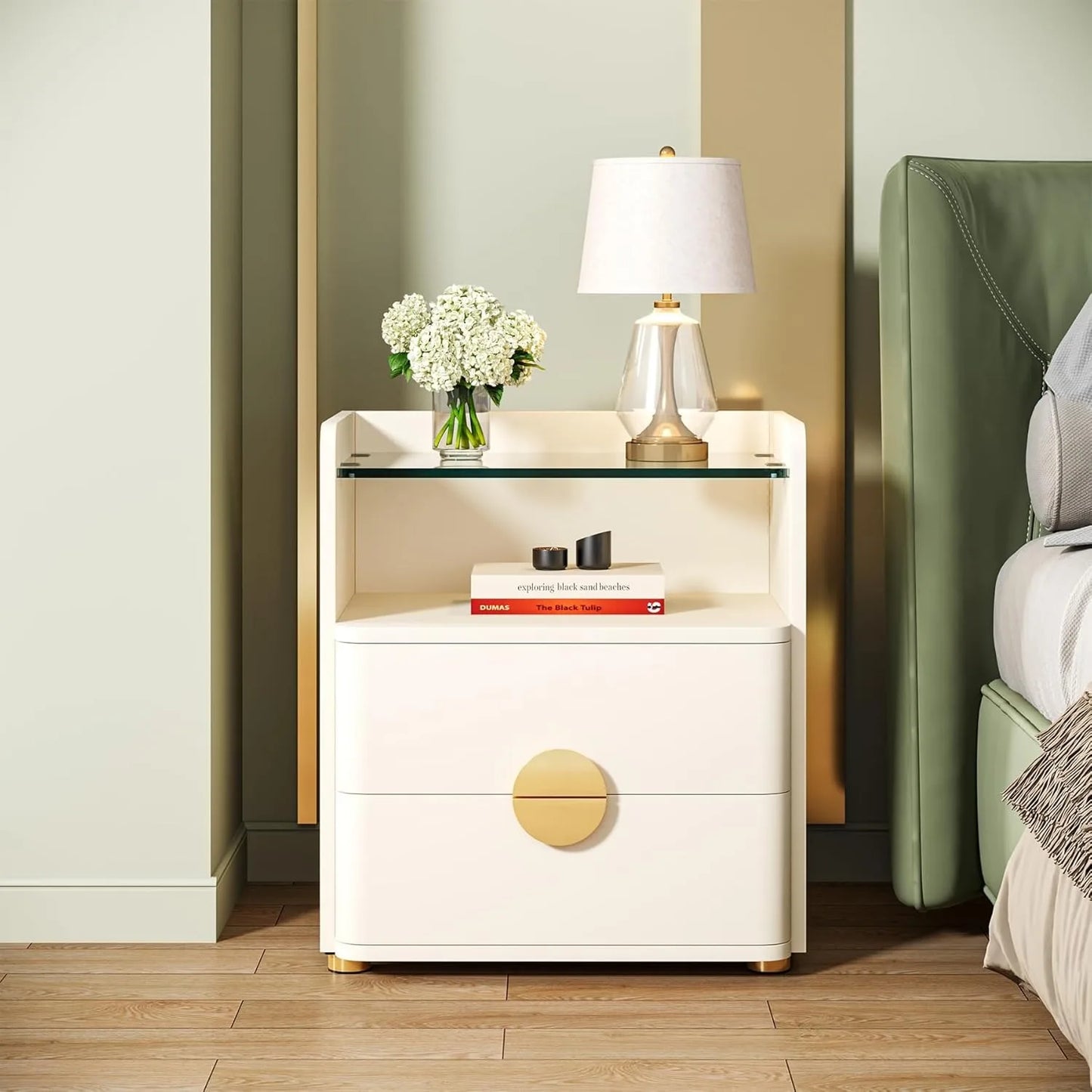 Nightstand with 2 Drawers, Modern Nightstand with Open Storage Shelf,