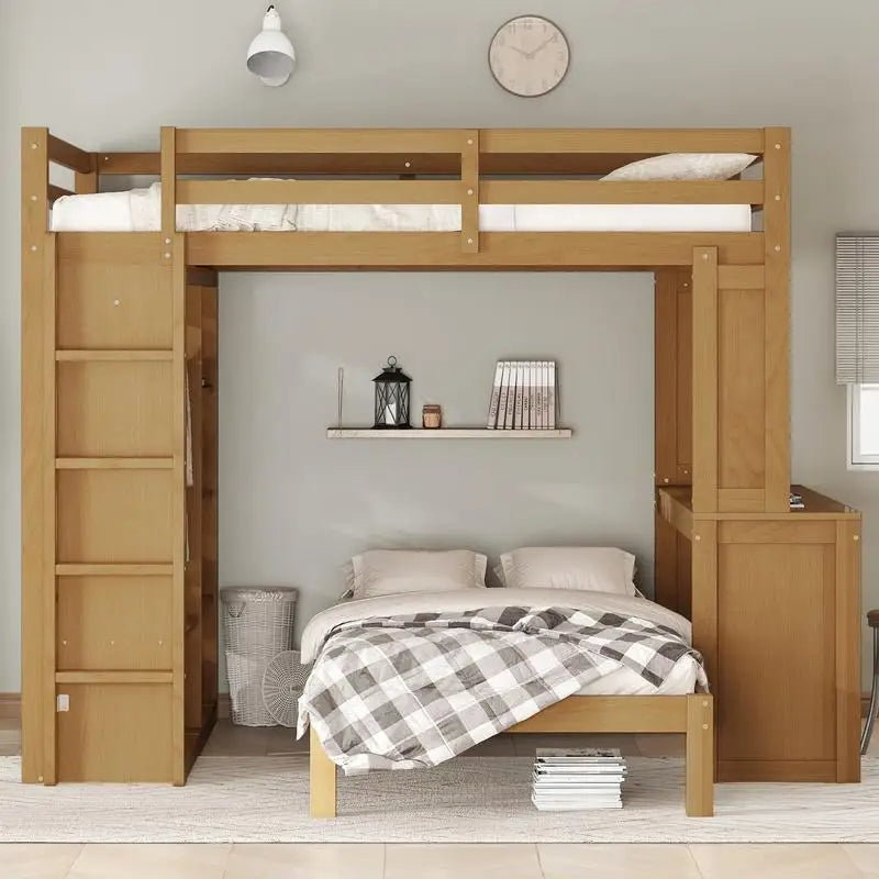 Full XL/Full over Twin Bunk Bed, Dismountable Lower Bed & Desk, Solid Wood Frame