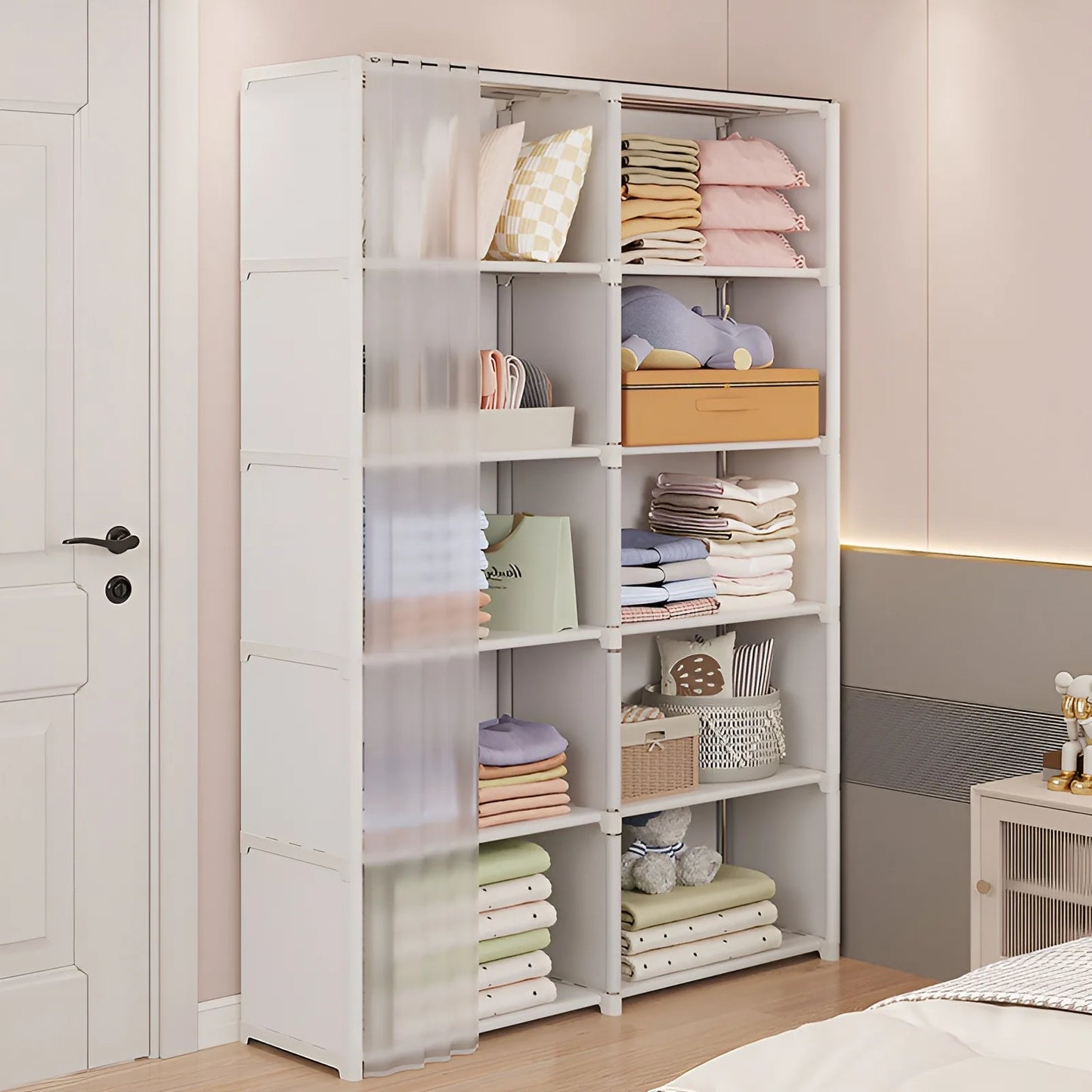 6-Layer Double Row Storage Rack with Curtain ,