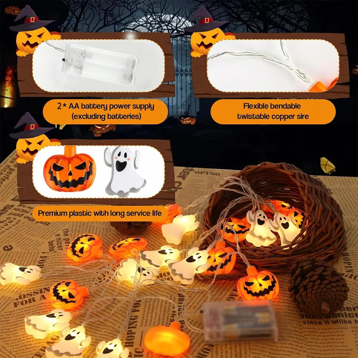 1pc 10/20 LED Halloween Single Layer Pumpkin & Ghost String Light