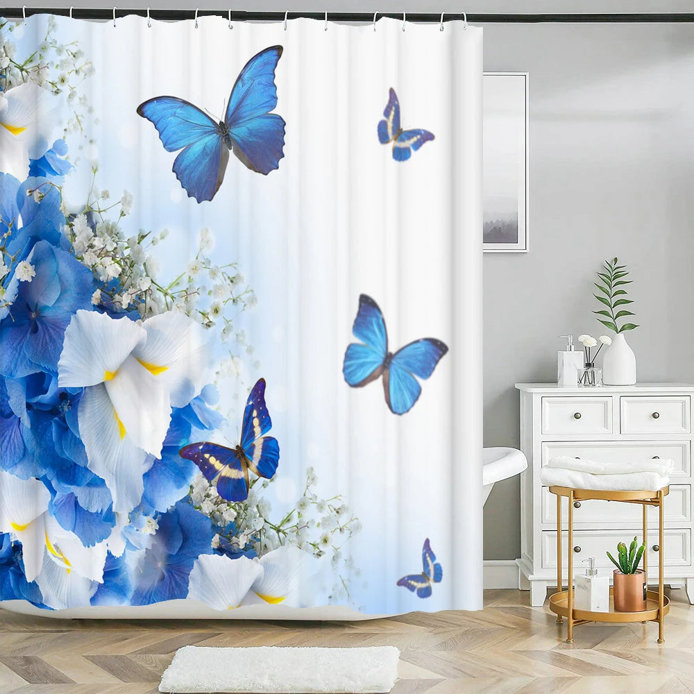 180*180cm Blue Rose Flowers Fabric Shower
