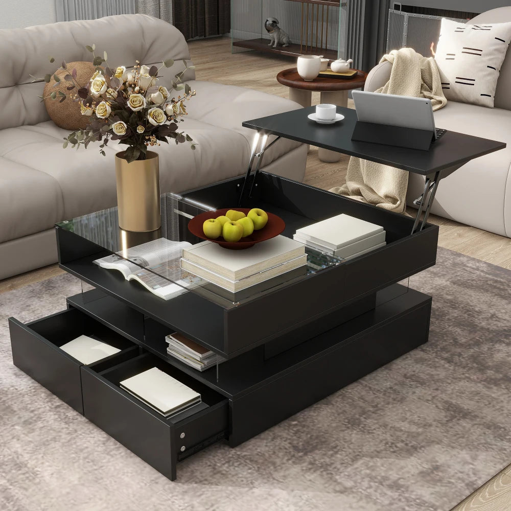 Lift-Top Coffee Table with 2 Drawers, Modern Square Coffee Table