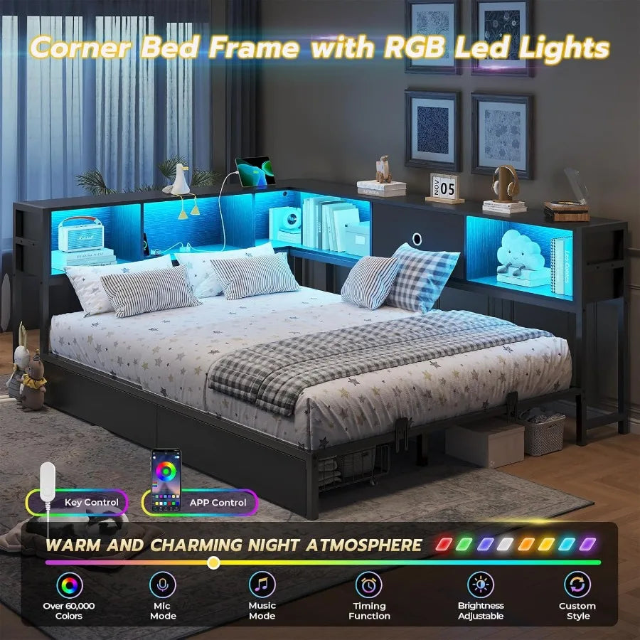 Full Corner Bed Frame with Bookcase Storage and Led Lights Metal Platform Bed Frame