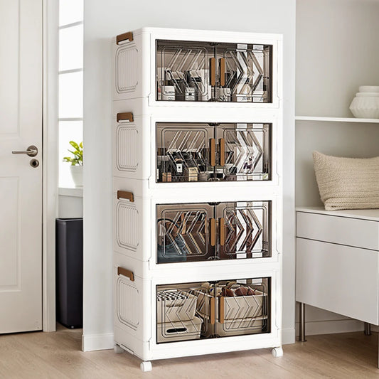 4 Tier Plastic Storage Containers with Doors & Wheels Foldable Organization