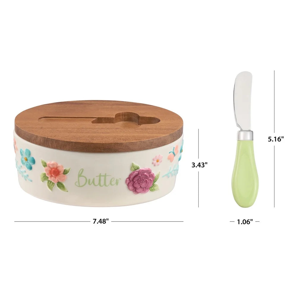 Painted Meadow Butter Dish Set Acacia Wood Lid Metal