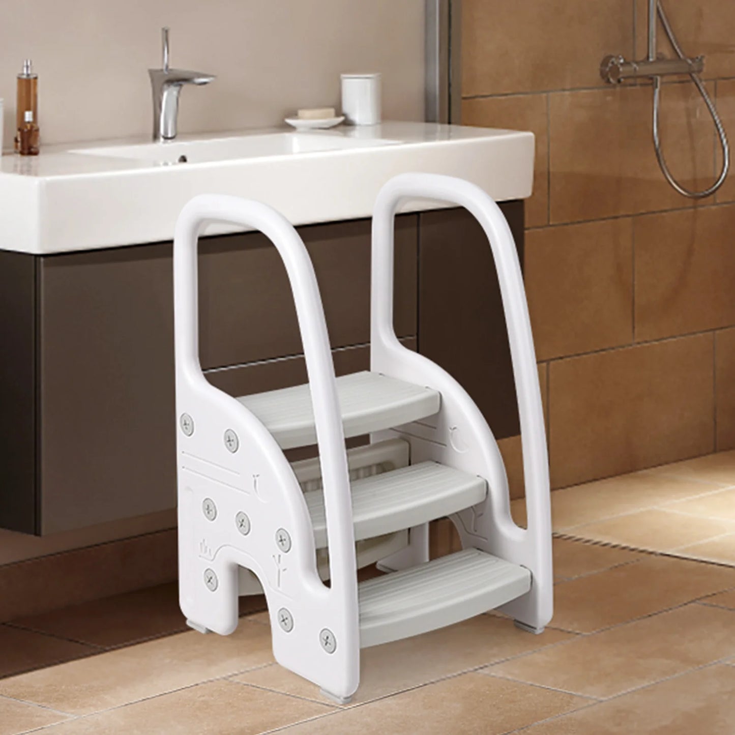 Toddler Step Stool, Kids Step Stool with Handles Sides, Plastic 3 Step Stool