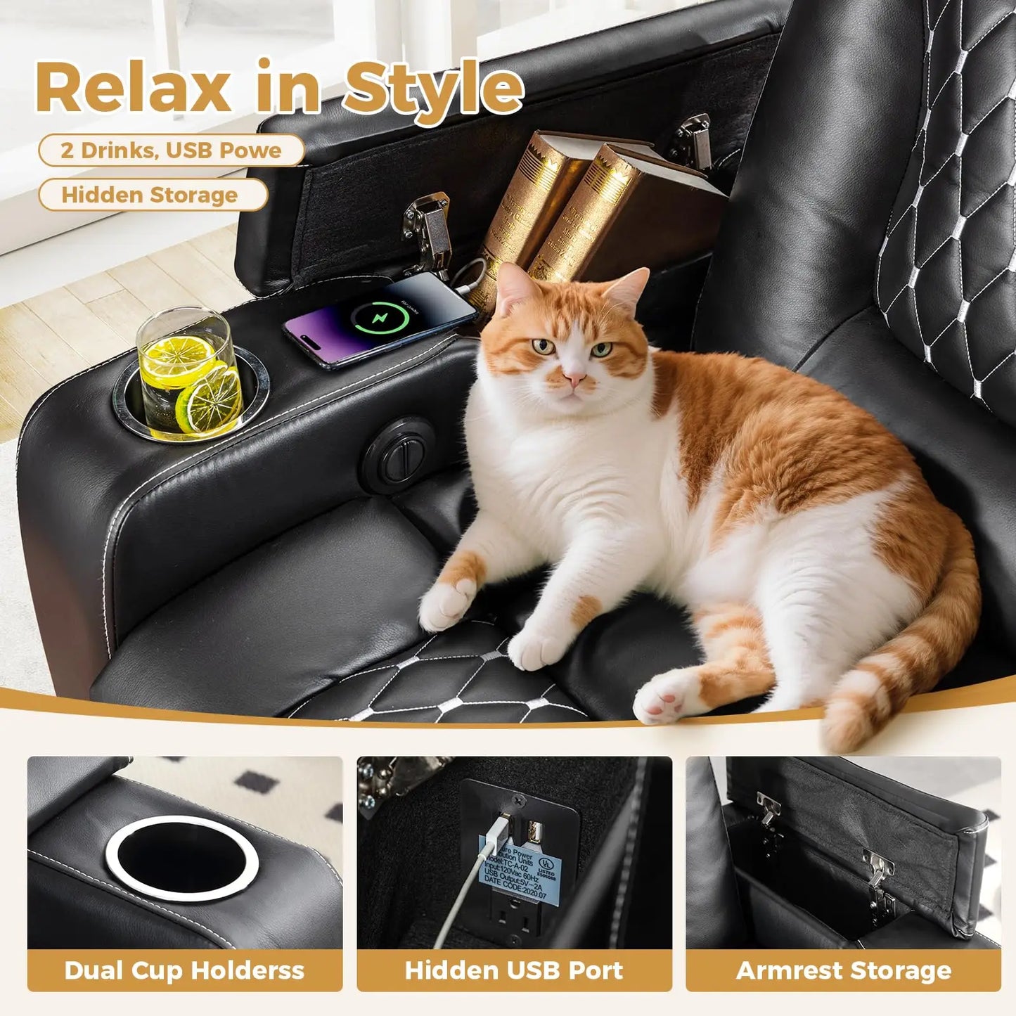 Electric Power Recliner Chair with USB Ports and Cup Holders,