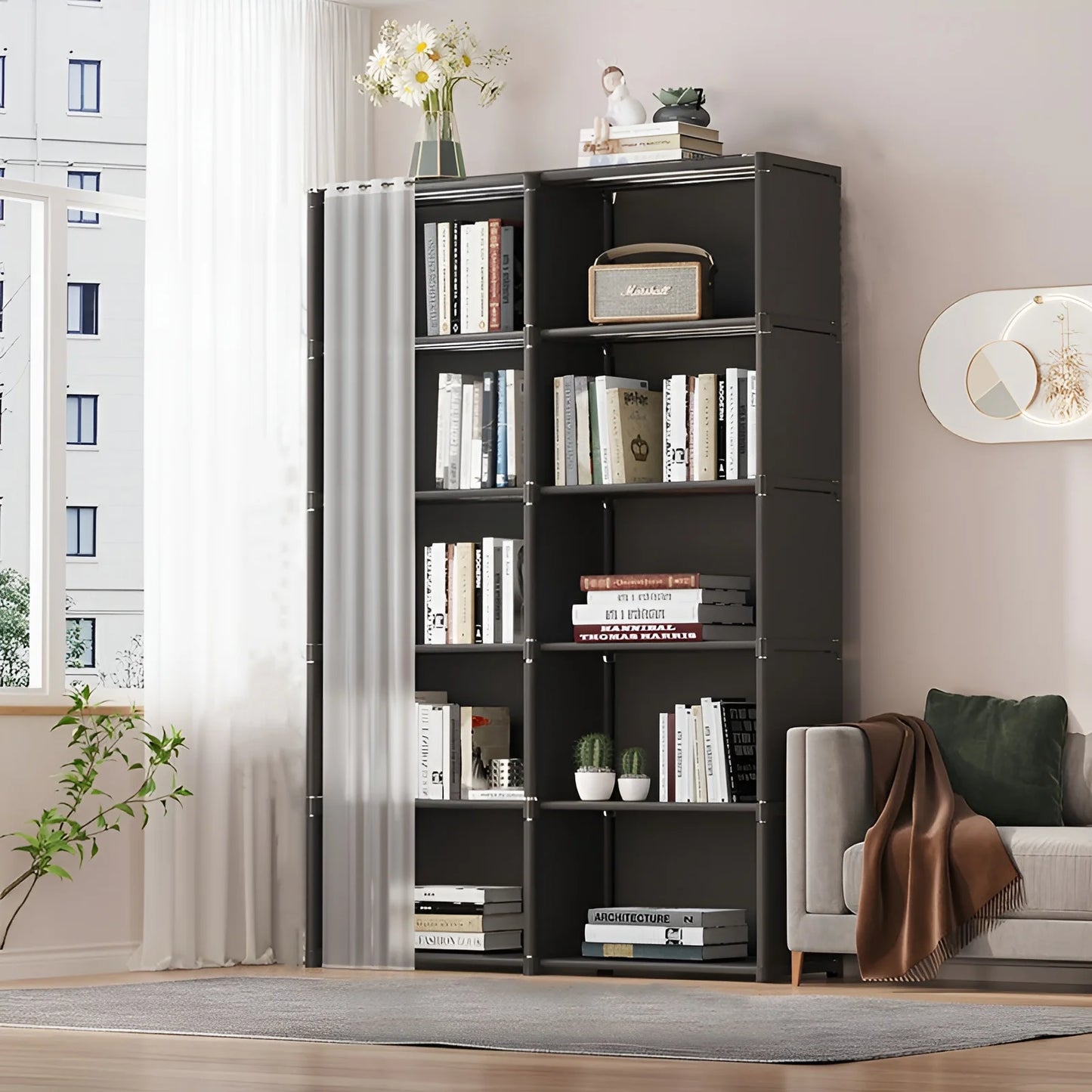 6-Layer Double Row Storage Rack with Curtain ,