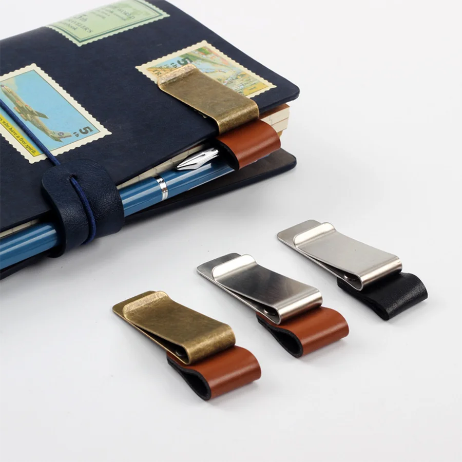 Handmade Leather Brass Stainless Steel Pen Holder Clip