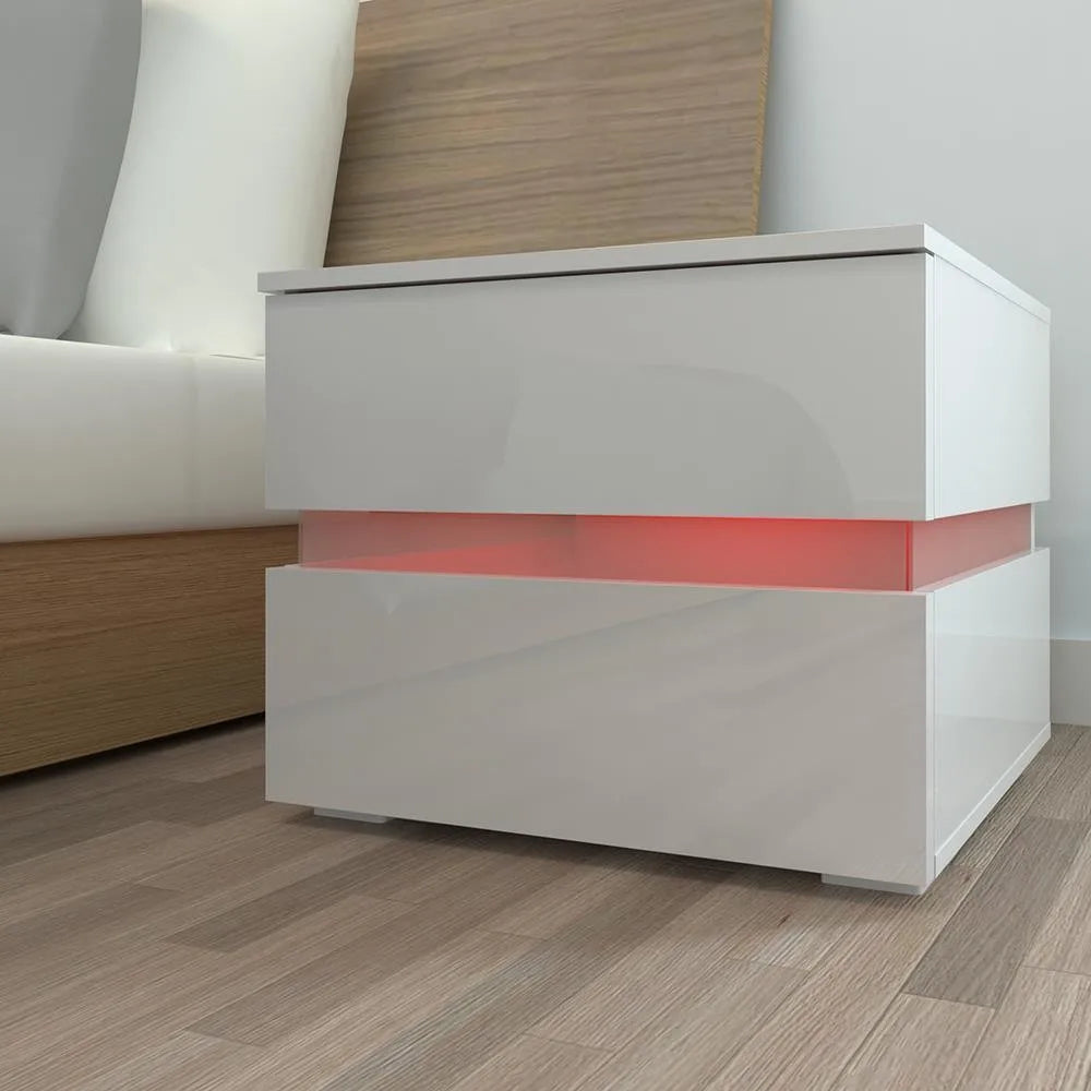 High Gloss Nightstand W/ LED Light Bedside End Table Bedroom Furniture White New