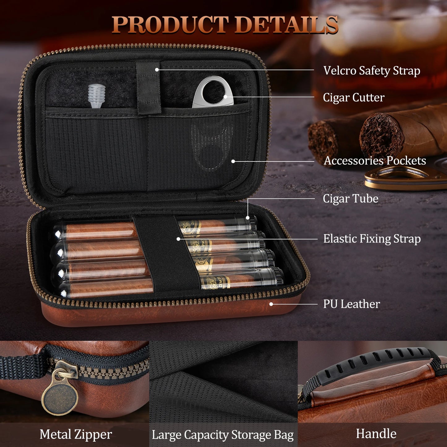 Travel Cigar Humidor Portable with 4 Cigar Tube,