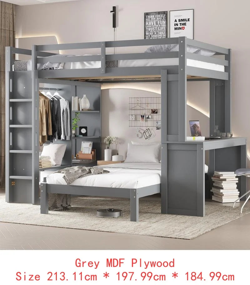 Full XL/Full over Twin Bunk Bed, Dismountable Lower Bed & Desk, Solid Wood Frame