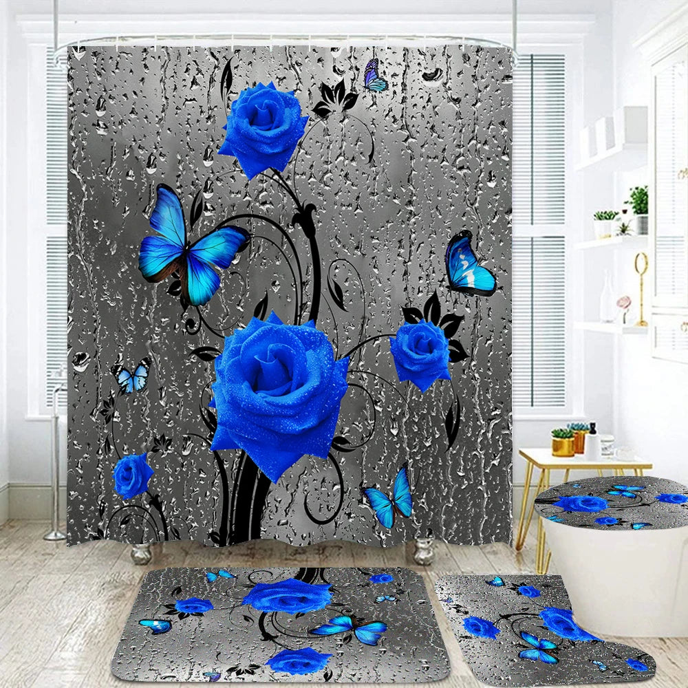180*180cm Blue Rose Flowers Fabric Shower
