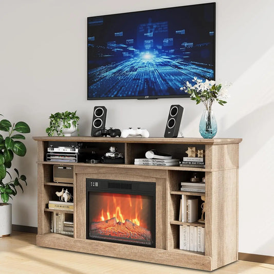 58 Inch Farmhouse TV Stand with Electric Fireplace 23 Inch Wood Entertainment Center