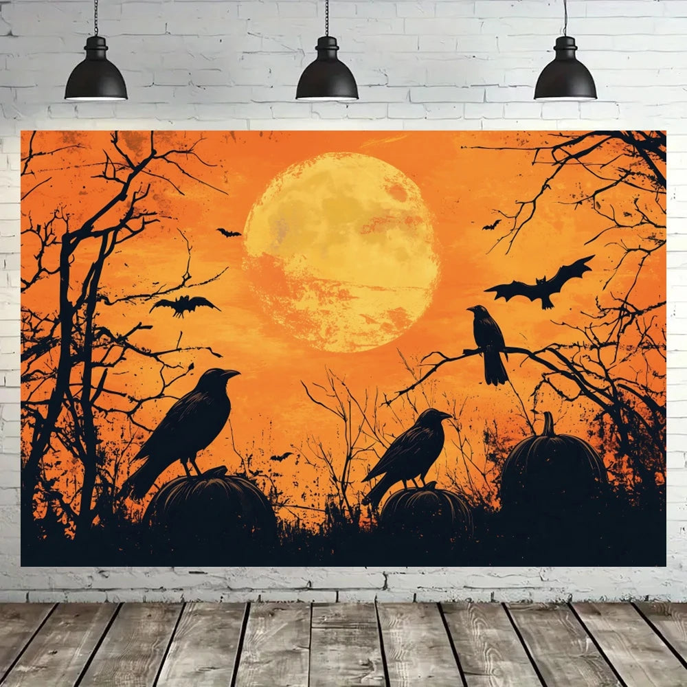 Halloween Decorations Moonlit Forest Pumpkins Crows