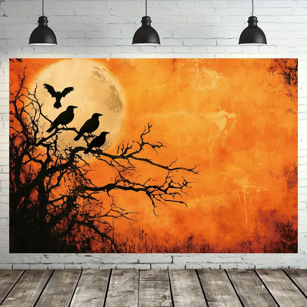 Halloween Decorations Moonlit Forest Pumpkins Crows