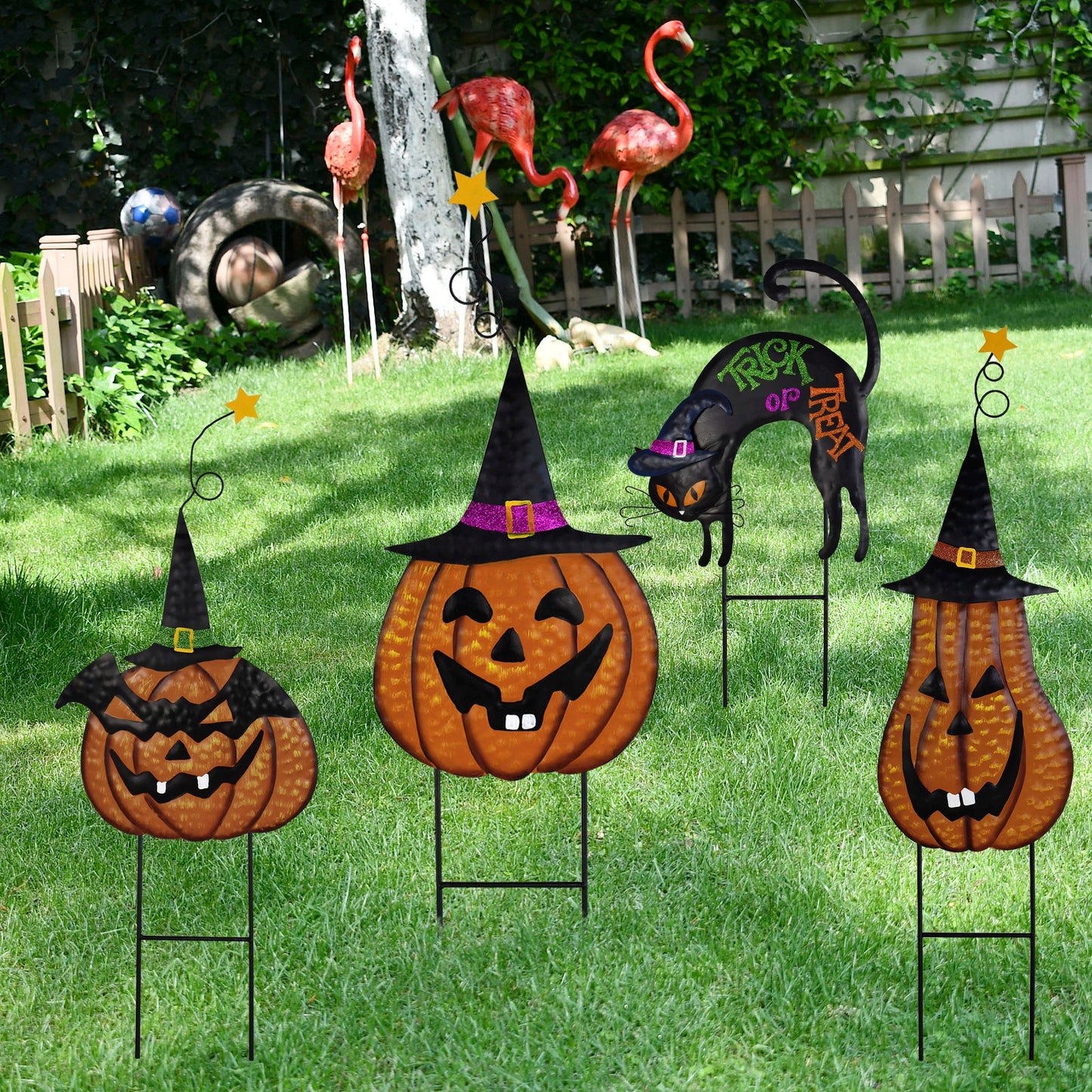 4pcs Halloween Garden Decorations, Metal Jack-O-Lantern Stakes