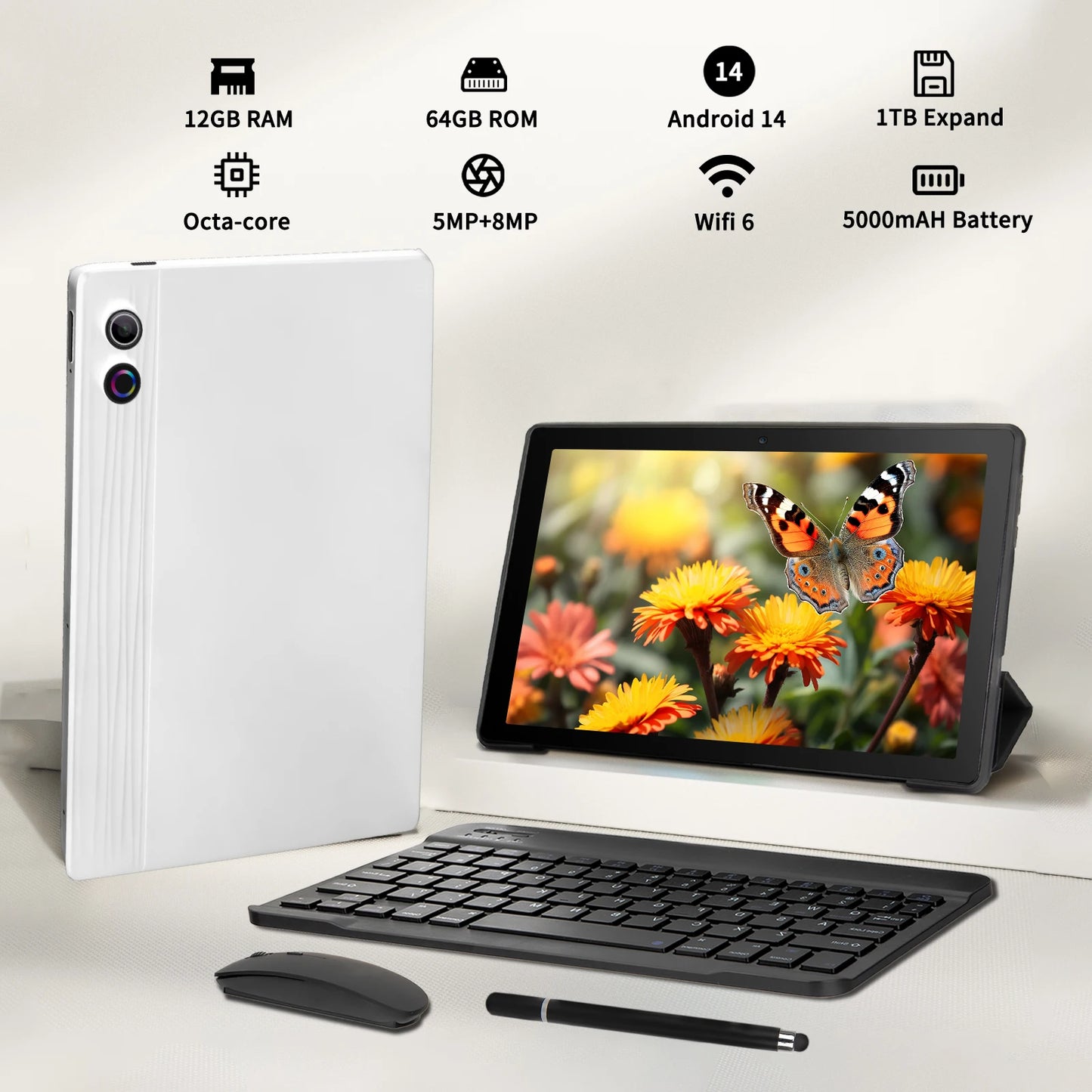 Android 14 10 inch Tablet, A523 Octa Core, 8GB RAM + 64GB ROM(TF 1TB), 5000mAh,