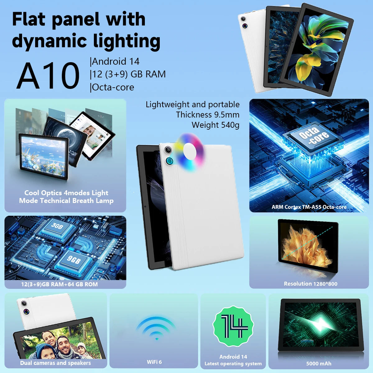 Android 14 10 inch Tablet, A523 Octa Core, 8GB RAM + 64GB ROM(TF 1TB), 5000mAh,