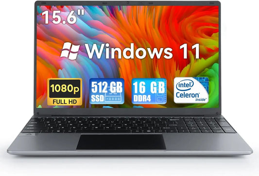 15.6 Inch Laptop Windows 11 Notebook 16G RAM 512GB SSD Quad-Core Intel Celeron