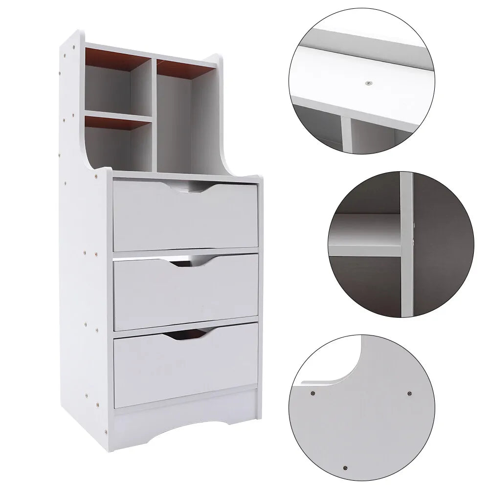 Vertical Bedside Cabinet, 3 Drawers, White, Minimalist, Sturdy, Space-Saving,