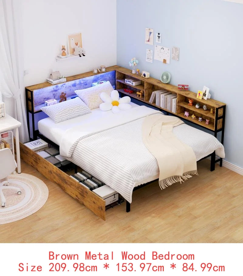 Twin Daybed Frame with Storage, Bookcase, Underbed Drawers,