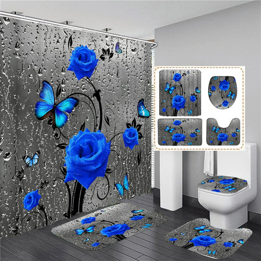 180*180cm Blue Rose Flowers Fabric Shower