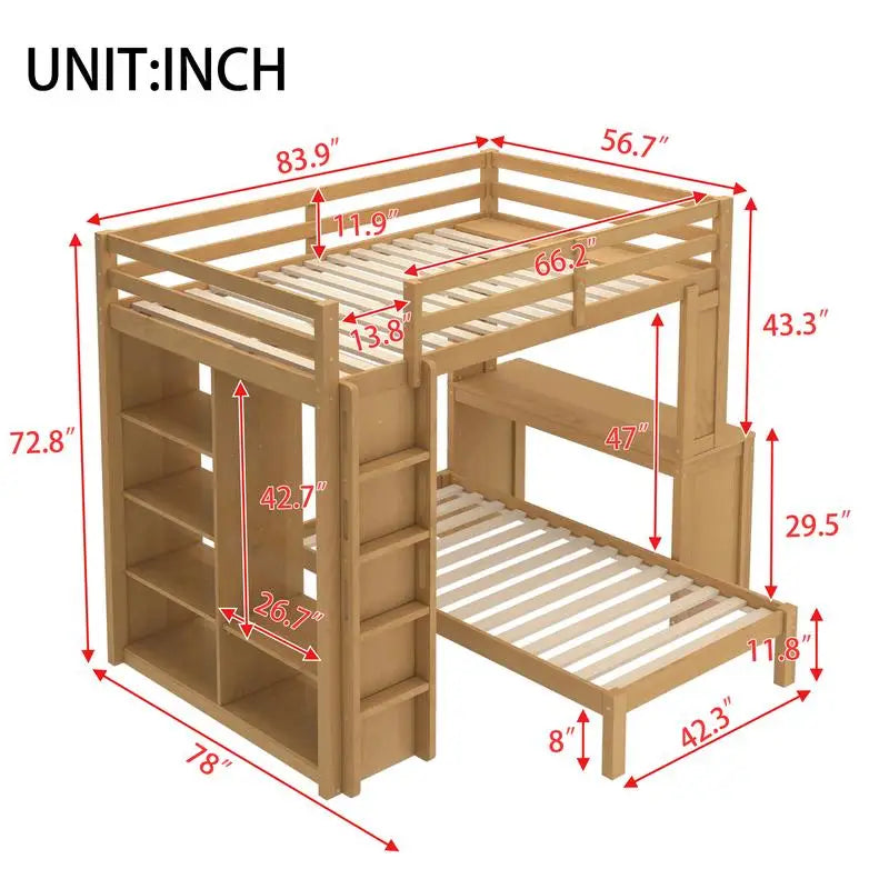 Full XL/Full over Twin Bunk Bed, Dismountable Lower Bed & Desk, Solid Wood Frame