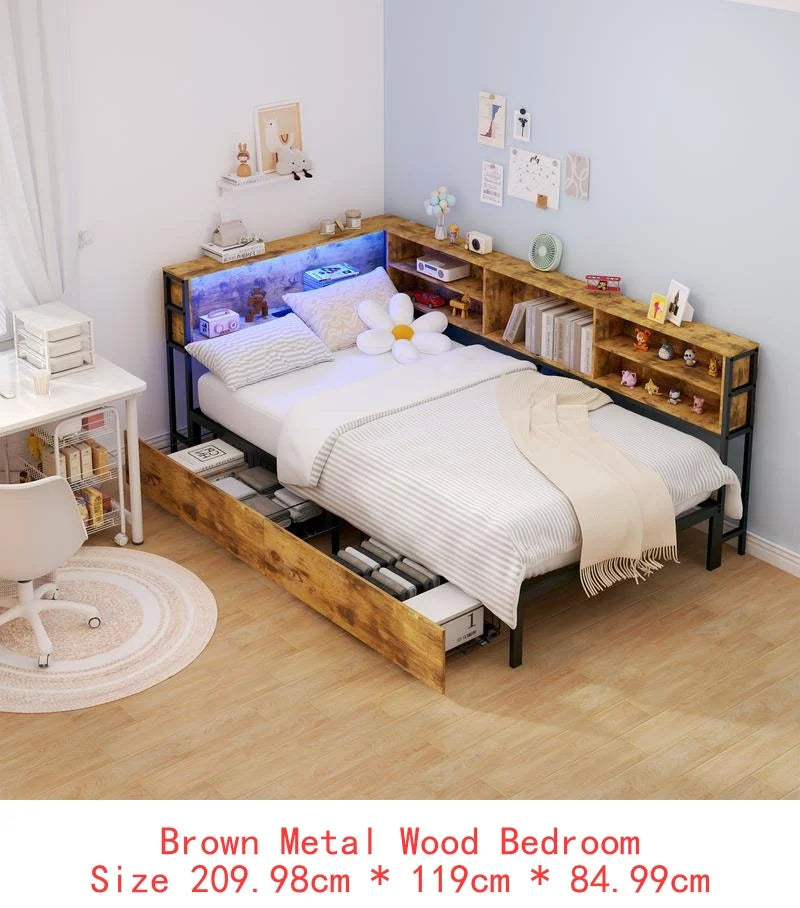 Twin Daybed Frame with Storage, Bookcase, Underbed Drawers,