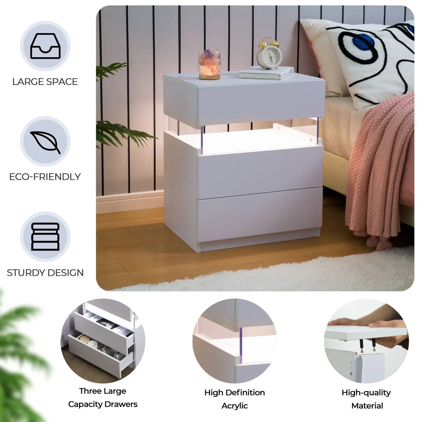 LED Nightstand 3 Drawers Nightstand with LED Lights Nightstand for Bedroom