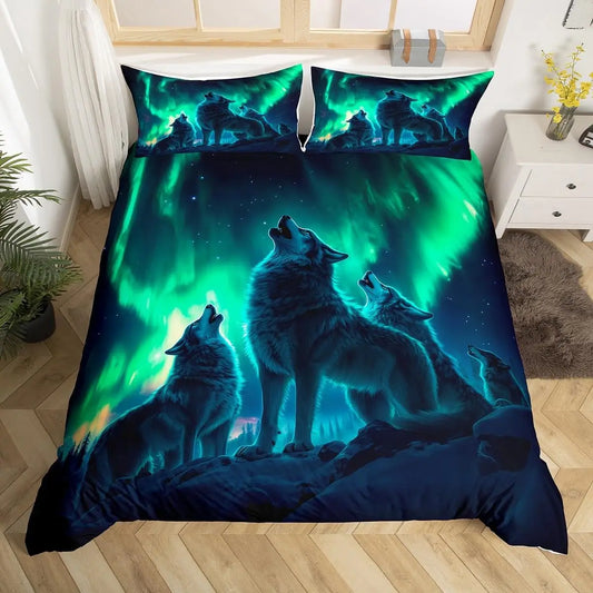 Wolf Duvet Cover Twin King Size, Roaring Wolves Wildlife Bedding Set